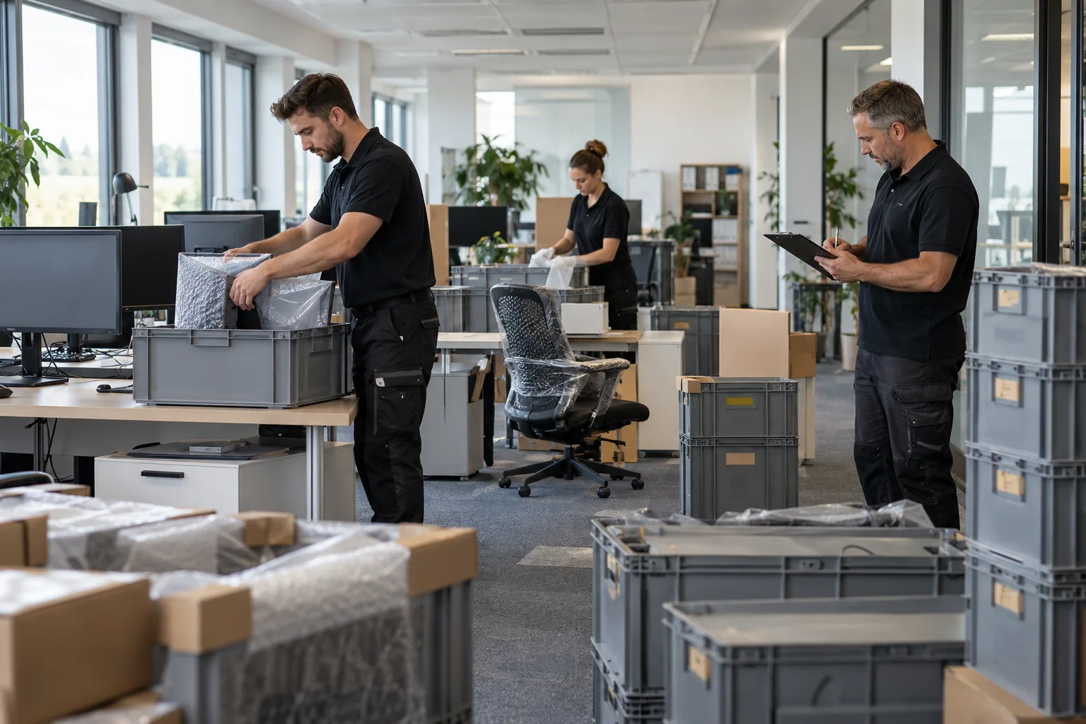 Team inventarisiert und verpackt Arbeitsplätze für einen Firmenumzug