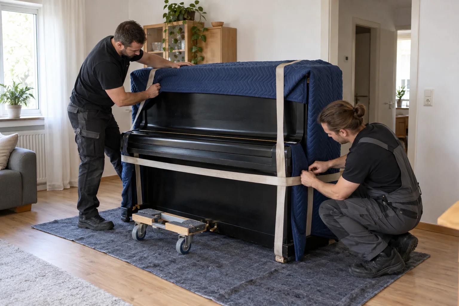 Fachkräfte bereiten ein Klavier mit Schutzdecke und Gurten für den Transport vor